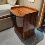 Striped Natural Wood Veneer Nightstand with Pleated Accents